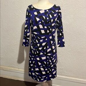 Nine West Blue and White Sheath Dress 3/4 Sleeve Crew Neck